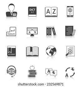 Official documents translation for legal equivalence and online english dictionary black icons collection abstract isolated vector illustration