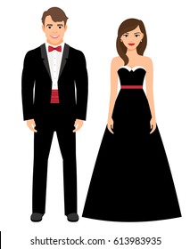 Official evening clothes fashion couple. Man in black tux and woman in long black dress vector illustration