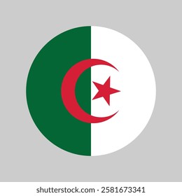 the official flag of Algeria. Algeria flag button. Algeria flag circle on gray background. State symbol of the Algerian Democratic People's Republic.