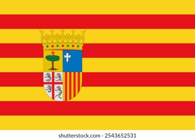 La bandera oficial de Aragón presenta franjas rojas y amarillas con una corona, que simbolizan la herencia y la unidad. Aragón es conocida por su historia, vibrante cultura y paisajes mediterráneos