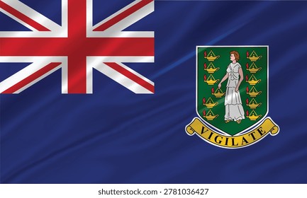 Official flag of the British Virgin Islands featuring Union Jack and Saint Ursula shield emblem on blue ensign. High-quality waving satin silk fabric texture vector illustration suitable for Caribbean island themes, tourism projects, geography education, international events, and patriotic designs.