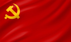 The Official Flag Of The Chinese Communist Party Of China With Hammer And Sickle Sign.