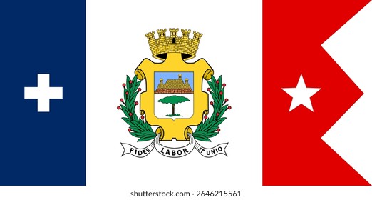 Bandeira oficial de Cienfuegos, Cuba. Ilustração vetorial autêntica para viagens, cultura e projetos de identidade nacional. Este símbolo da cidade cubana é perfeito para suas necessidades de design