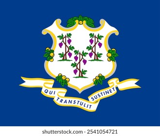 The official flag of Connecticut features a blue background with a white shield and grapevines, symbolizing peace and prosperity. Connecticut, a New England state, is rich in history and culture