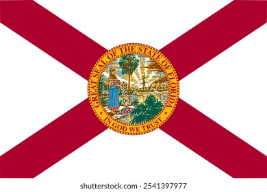 La bandera oficial de Florida presenta una cruz roja sobre fondo blanco con sello estatal, que simboliza la herencia y la independencia. Florida es conocida por sus paisajes diversos y su rica cultura