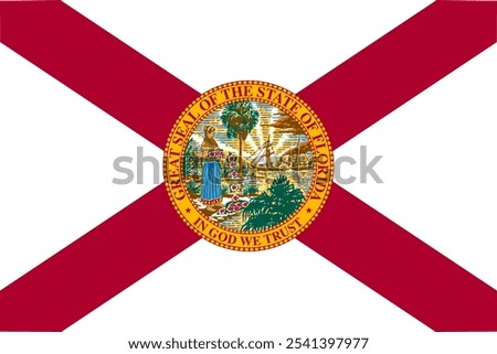 The official flag of Florida features a red cross on white background with state seal, symbolizing heritage and independence. Florida is known for diverse landscapes and rich culture