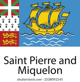 The official flag of the French overseas collectivity of Saint Pierre and Miquelon, featuring a yellow ship sailing on a blue sea with white waves. The flag also includes other elements, like a cross 