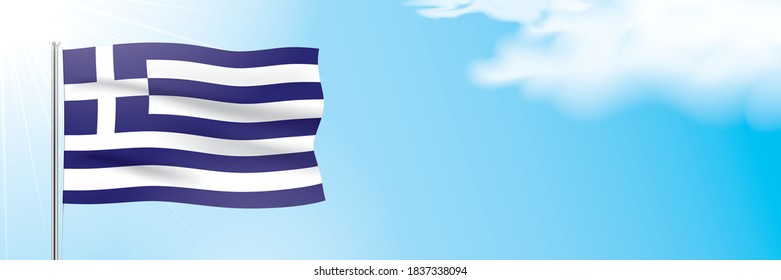 Die offizielle Flagge Griechenlands winkt auf blauem Himmelshintergrund. Horizontal Vektorbanner-Design, mit griechischer Flagge auf sonnigem Hintergrund mit weißen Wolken. Flaggenbanner der Hellenischen Republik.