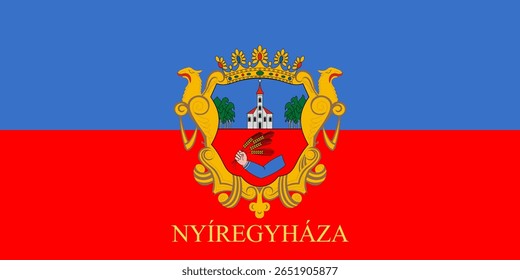 Bandeira oficial de Nyíregyháza, Hungria. Um vetor autêntico capturando o símbolo desta cidade da Grande Planície, famosa por seu zoológico e spa. Perfeito para viagens e projetos de identidade húngara