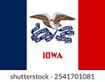 The official flag of Iowa features an eagle on a blue, white, and red field, symbolizing liberty and pride. Iowa is known for its history, culture, and agricultural landscapes