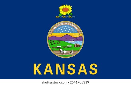 The official flag of Kansas features the state seal and a sunflower on a blue field, symbolizing heritage and unity. Kansas is known for its history and vast prairies