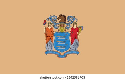 A bandeira oficial de Nova Jersey apresenta o selo do estado em um campo de buff, simbolizando herança e unidade. Nova Jersey é conhecida por sua rica história, cultura diversificada e costa cênica