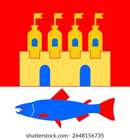 Bandeira oficial de Oulu, Finlândia. Um vetor autêntico capturando o símbolo desta cidade tecnológica do norte, junto ao rio e ao mar. Perfeito para projetos de identidade finlandeses
