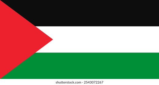 The official flag of Palestine features three horizontal stripes and a red triangle, symbolizing heritage and unity. Palestine is known for its rich history, diverse culture, and resilient spirit