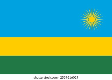 A bandeira oficial de Ruanda exibe cores vibrantes simbolizando esperança, paz e unidade. Esta nação do Leste Africano é rica em patrimônio cultural, paisagens diversas e significado histórico