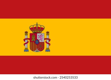 La bandera oficial de España presenta franjas rojas y amarillas con un escudo de armas nacional, que simboliza la unidad y el patrimonio. España es conocida por su rica cultura, paisajes diversos y una historia vibrante