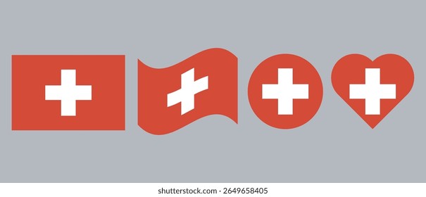 The official flag of Switzerland, a bold red square featuring a white cross at the center. A global symbol of neutrality, precision, safety, and Swiss national pride.