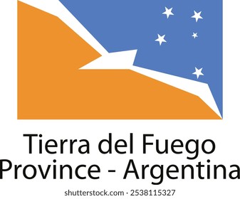 Bandeira oficial da província de Tierra del Fuego na Argentina. Apresenta um fundo azul com estrelas brancas e uma paisagem de montanha estilizada.