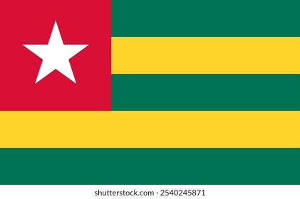 La bandera oficial de Togo presenta franjas verdes y amarillas con una estrella blanca, que simbolizan la unidad y la independencia. Togo es rico en cultura, historia y paisajes diversos