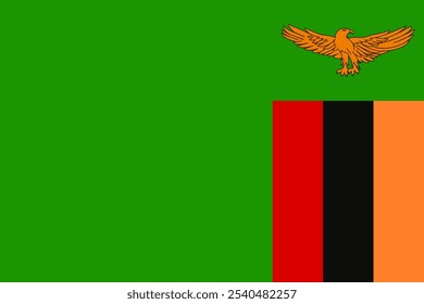 La bandera oficial de Zambia presenta franjas verdes, rojas, negras y naranjas con un águila, que simbolizan la unidad y la libertad. Zambia es rica en patrimonio cultural, paisajes diversos e historia vibrante