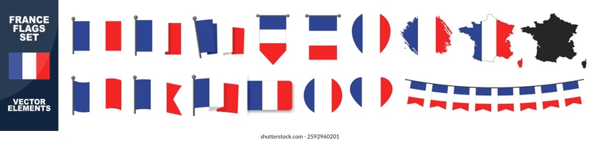 Official France flag set. Map set of icons and different shapes. Flat style. National symbol isolated on transparent background.