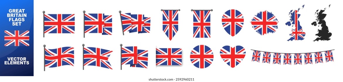 Official Great Britain flag set. Map set of icons and different shapes. Flat style. National symbol isolated on transparent background.