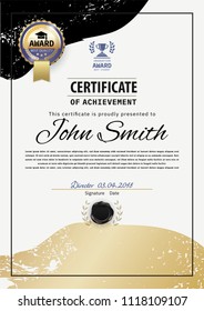 Official grey certificate with gold black design elements and gold emblem. Luxury background.. Blots hand drawn sketch scribble shapes. Graduation cap and cup flat icons.