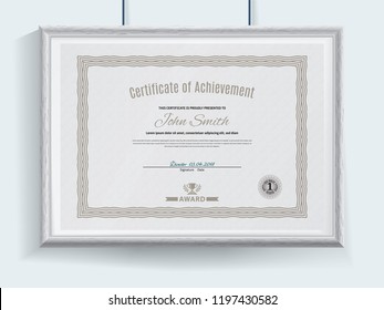 Official grey vector certificate with brown guilloche broder and realistic grey border hanging on the wall . Business clean modern design