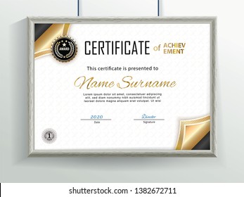 Official grey vector certificate with gold black design elements and realistic grey border hanging on the wall . Business clean modern design