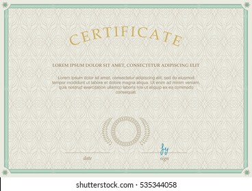 Official guilloche beige certificate. Green thin border
