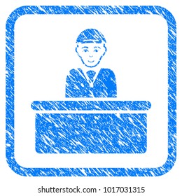 Official Guy rubber seal stamp imitation. Icon vector symbol with grunge design and unclean texture inside rounded rectangle. Scratched blue stamp imitation. Person face has enjoy emotion.