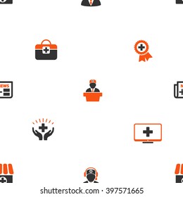 Official Health Care vector repeatable pattern. Style is flat orange and gray icon symbols on a white background.