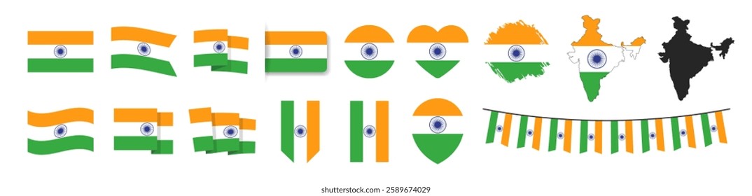 Official India flag set. Map set of icons and different shapes. Flat style. National symbol isolated on transparent background.