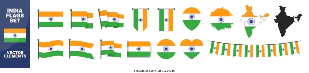 Official India flag set. Map set of icons and different shapes. Flat style. National symbol isolated on transparent background.