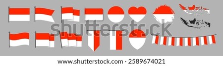 Official Indonesia flag set. Map set of icons and different shapes. Flat style. National symbol isolated on transparent background.