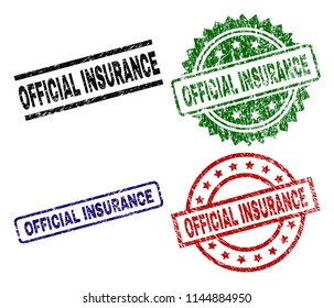 OFFICIAL INSURANCE seal prints with damaged surface. Black, green,red,blue vector rubber prints of OFFICIAL INSURANCE caption with retro surface. Rubber seals with circle, rectangle, medal shapes.