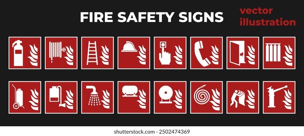 Official ISO 7010 safety signs vector drawings.Red fire safety signs.