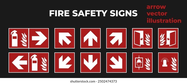 Official ISO 7010 safety signs vector drawings.Red fire safety signs.Fire protection arrows.
