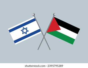 Official Israeli and Palestinian Flag on a pole vector illustration. Israel and Palestine crossed flags icon vector isolated on a gray background. Israel and Palestine Flags together design element