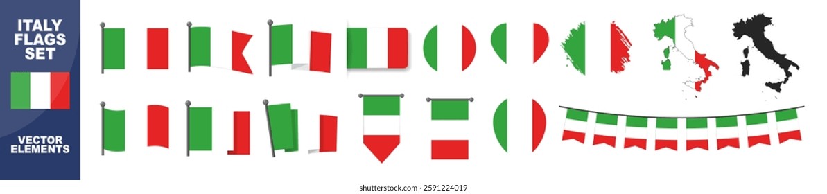 Official Italy flag set. Map set of icons and different shapes. Flat style. National symbol isolated on transparent background.