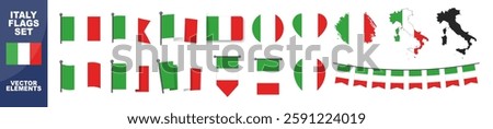 Official Italy flag set. Map set of icons and different shapes. Flat style. National symbol isolated on transparent background.