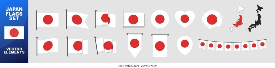 Official Japan flag set. Map set of icons and different shapes. Flat style. National symbol isolated on transparent background.