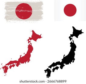 Official Japan flag set. Map set of icons and different shapes. Flat style. Japan flag in brush and rectangle shaped and map in national colour and black.