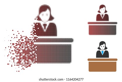 Official lady icon with face in dissolved, pixelated halftone and undamaged whole versions. Pixels are arranged into vector disappearing official lady form.