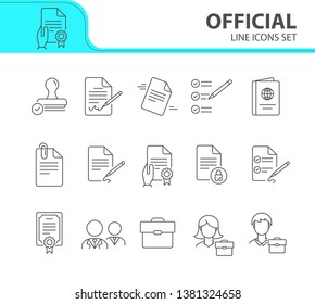 Official line icon set. Stamp, certificate, passport, consultant, businessman. Business concept. Can be used for topics like consulting, lawyer, notary