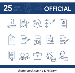 Official line icon set. Stamp, certificate, passport, consultant, businessman. Business concept. Can be used for topics like consulting, lawyer, notary
