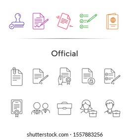 Official line icon set. Stamp, certificate, passport, consultant, businessman. Business concept. Can be used for topics like consulting, lawyer, notary