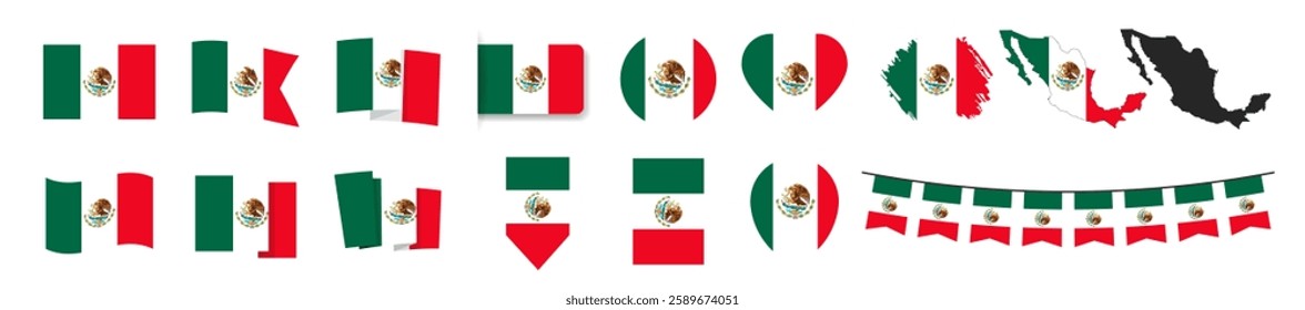 Official Mexico flag set. Map set of icons and different shapes. Flat style. National symbol isolated on transparent background.