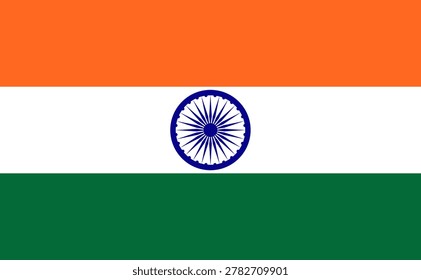 Official National Flag of India Featuring Tricolor Horizontal Bands of Saffron Orange White and Green with the Navy Blue Ashoka Chakra Wheel Isolated Graphic Vector Illustration