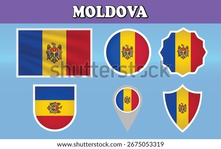 Official national flag of Moldova vector. Features the coat of arms with eagle and aurochs. Ideal for education, presentations, and cultural projects. Scalable and layered.